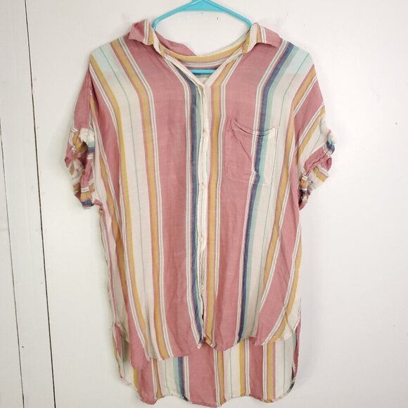 American Eagle Shirt Womens M Colorful Striped High Low Hem Button Down Casual - Picture 1 of 9